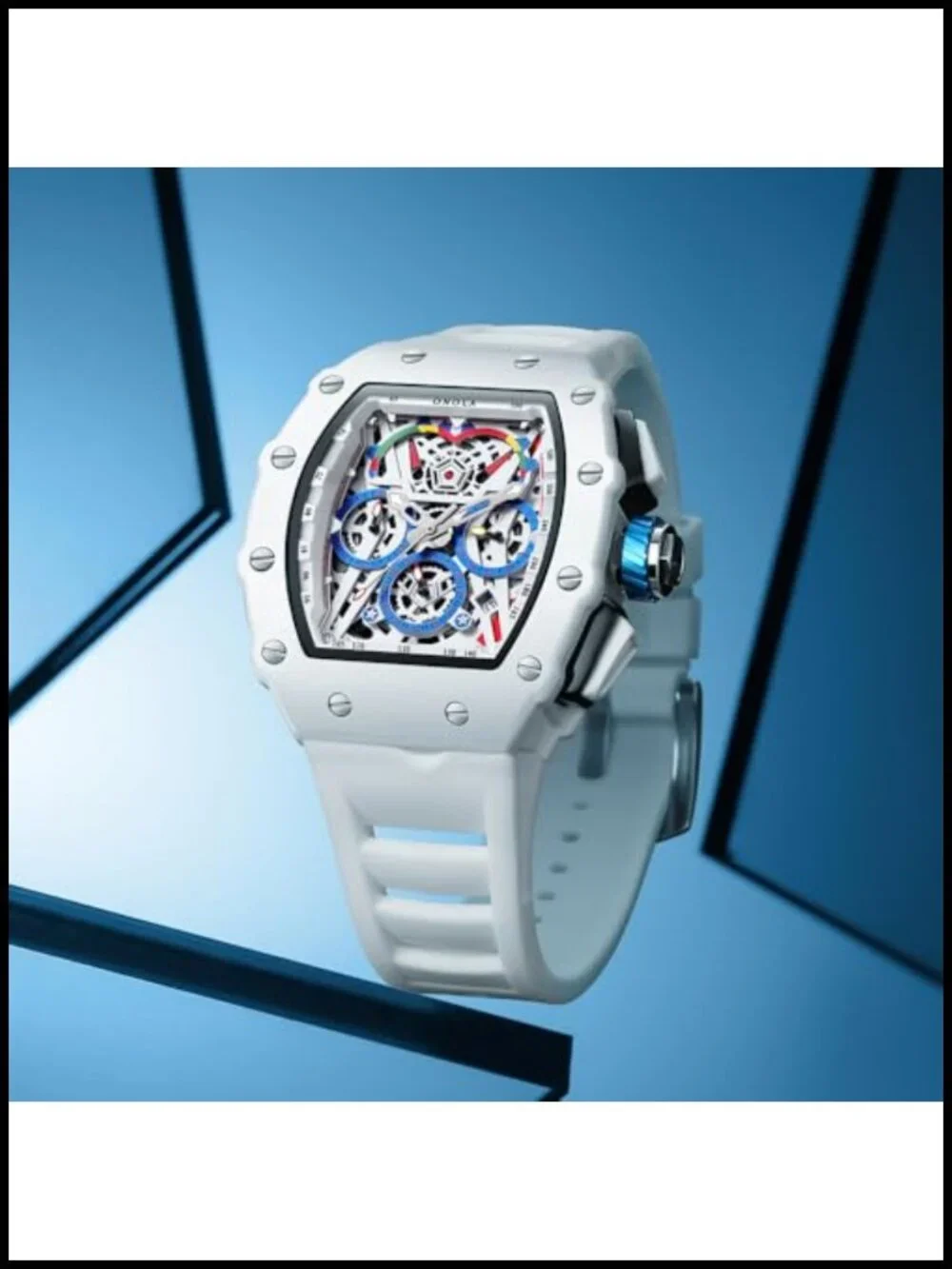 Men's Tonneau Skeleton Chronograph Watch Silicone Strap 30M